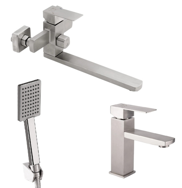Змішувач для ванни (нержавіюча сталь) з виливом 310 мм. + Змішувач для раковини Lidz