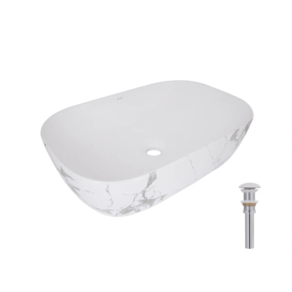 Раковина накладна Qtap Robin 600x390x150 мм, Marble, прямокутна, з донним клапаном