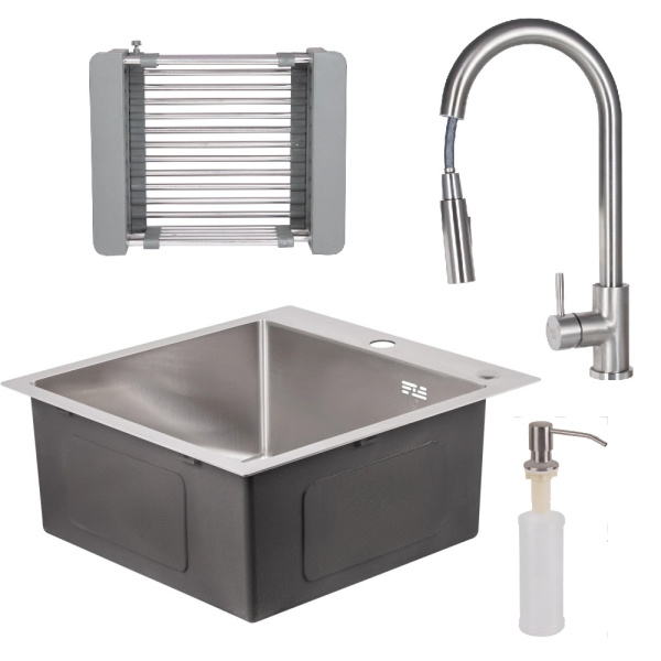 Кухонна мийка 50*50 Brush 3.0/1.0 mm нержавіюча сталь Lidz + змішувач для кухні (висувний вилив)