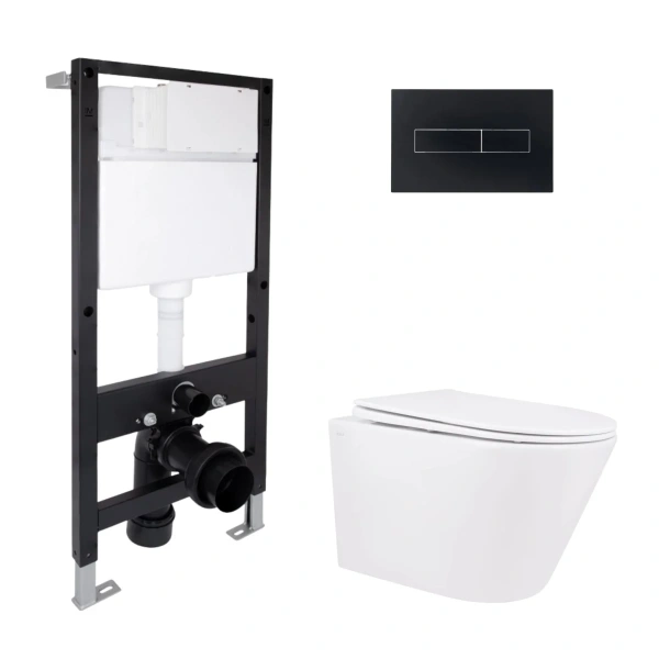 Готове рішення Qtap для ванної кімнати: підвісний унітаз Swan Rimless 520x360x320 + комплект інсталяції Standard (лінійна клавіша Black)