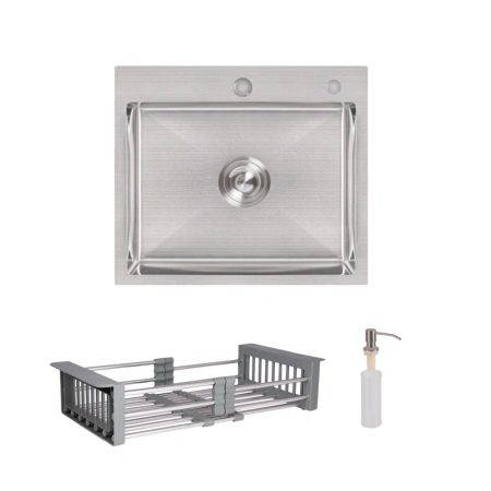 Фото Комплект кухонна мийка Lidz 50*45 Brush 3.0/1,0 мм + змішувач з гнучким виливом Grey + кошик