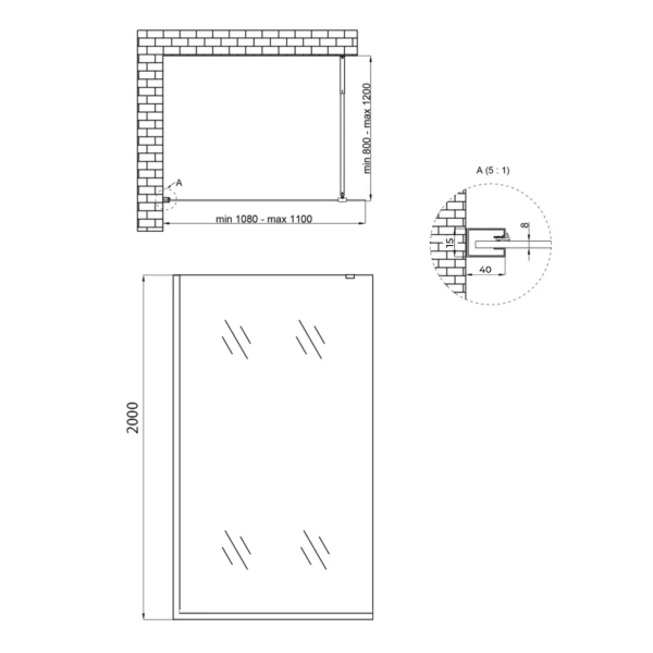 Душова перегородка Qtap Walk-In Standard.C8 100х200 см, скло Clear 8 мм, покриття CalcLess