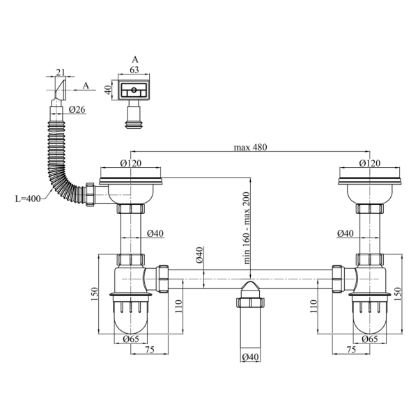 Фото Сифон для кухонної мийки Kroner KRP Siphon - 012 3 1/2"х50/40 мм