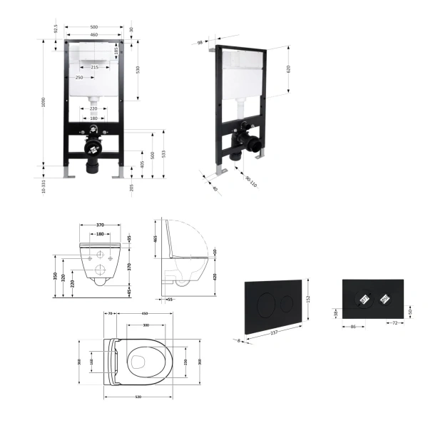 Готове рішення Qtap для ванної кімнати: підвісний унітаз Robin Ultra Quiet 520x365x365 + комплект інсталяції Standard (кругла клавіша Black)