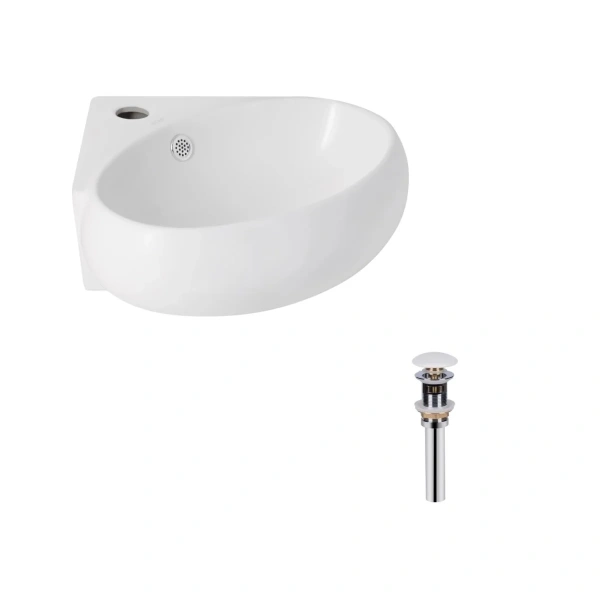 Комплект Qtap Leo N: Раковина підвісна угловая овальна 380x360x130 мм WHITE + Донний клапан PU02O