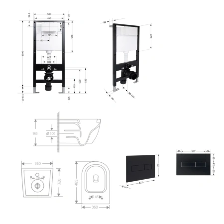 Готове рішення Qtap для ванної кімнати: підвісний унітаз Jay Rimless 485x360x320 + комплект інсталяції Standard (лінійна клавіша Black)