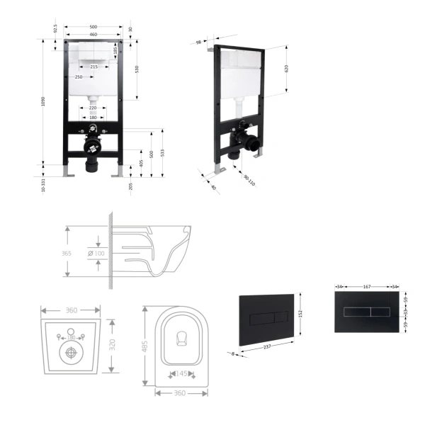 Готове рішення Qtap для ванної кімнати: підвісний унітаз Jay Rimless 485x360x320 + комплект інсталяції Standard (лінійна клавіша Black)