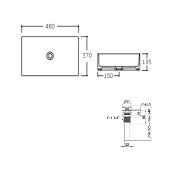 Раковина-чаша накладна прямокутна з донним клапаном 480х370х135 мм Qtap Tern у чорному кольорі
