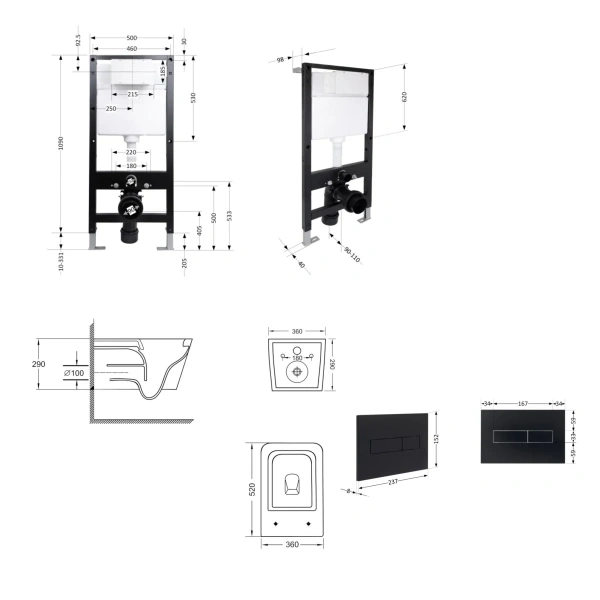 Готове рішення Qtap для ванної кімнати: підвісний унітаз Crow Ultra Quiet 520x360x290 + комплект інсталяції Standard (лінійна клавіша Black)
