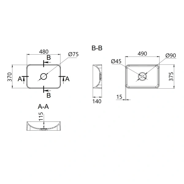 Раковина накладна прямокутна Qtap Tern 480х370х135 мм
