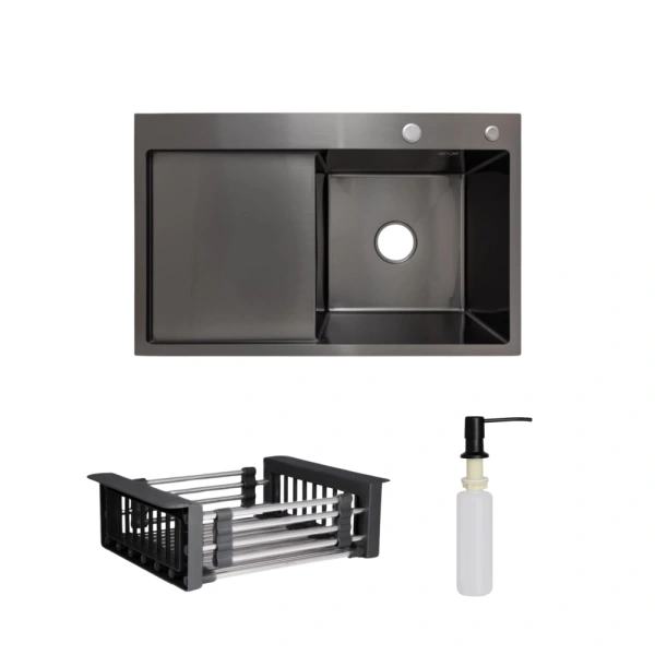 Мийка для кухні 78*49 BL крило ліворуч колір графіт PVD 3,0/1,0 мм Lidz + Кошик Lidz K01G