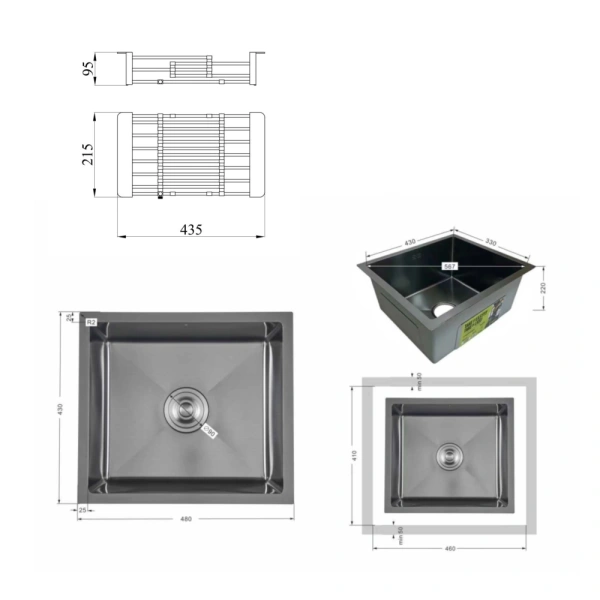 Фото Мийка для кухні Lidz Handmade 480x430 мм графіт під стільницю Brushed Black PVD + кошик