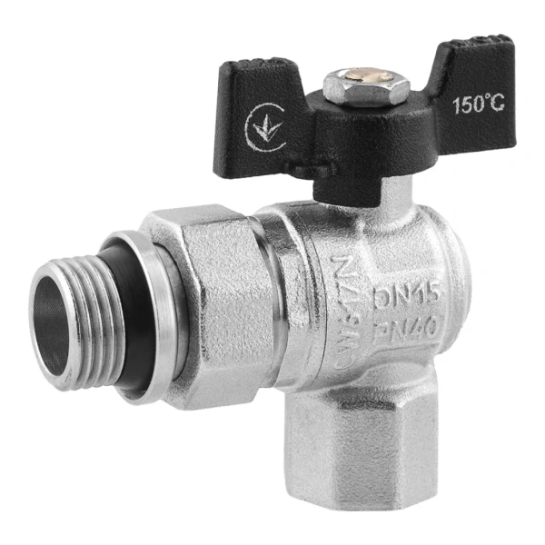 Кран-американка кульовий кутовий Kroner 1/2" ВЗ PN40 метелик, нікельований