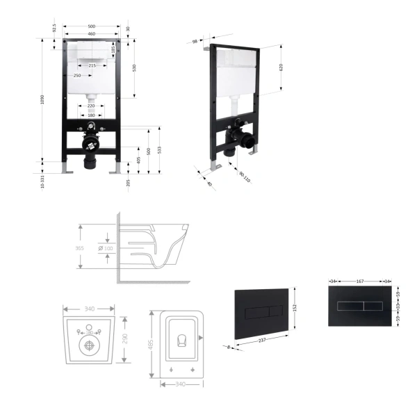 Готове рішення Qtap для ванної кімнати: підвісний унітаз Crow Rimless 485x340x330 + комплект інсталяції Standard (лінійна клавіша Black)