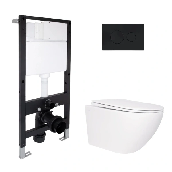 Готове рішення Qtap для ванної кімнати: підвісний унітаз Jay Rimless 520x360x320 + комплект інсталяції Standard (кругла клавіша Black)