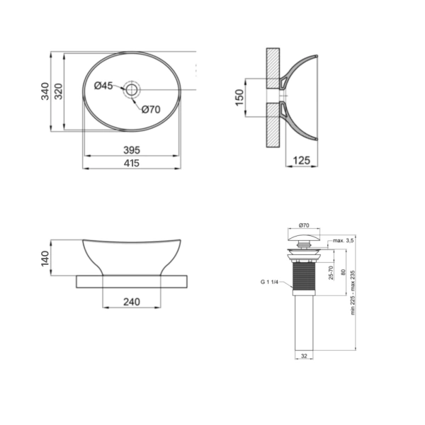 Раковина накладна овальна 415x340x140 мм Qtap Dove + Донний клапан