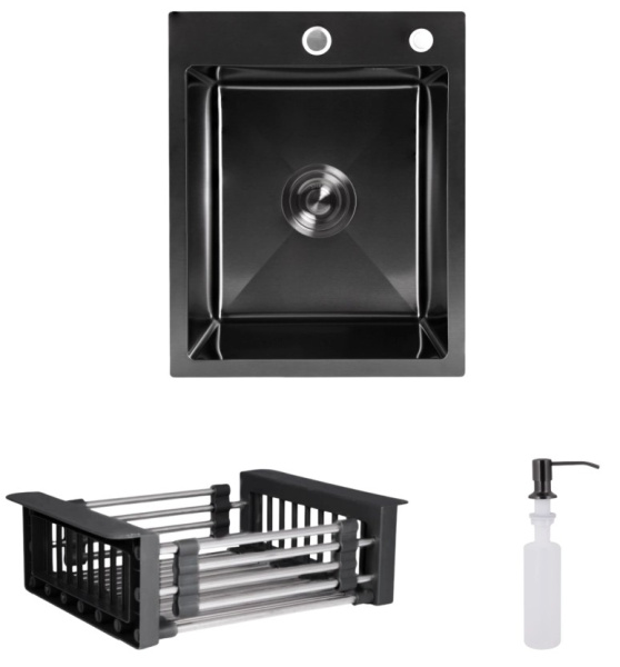 Мийка для кухні з нержавіючої сталі Lidz 400x500 мм графіт Brushed Black PVD з кошиком-сушар