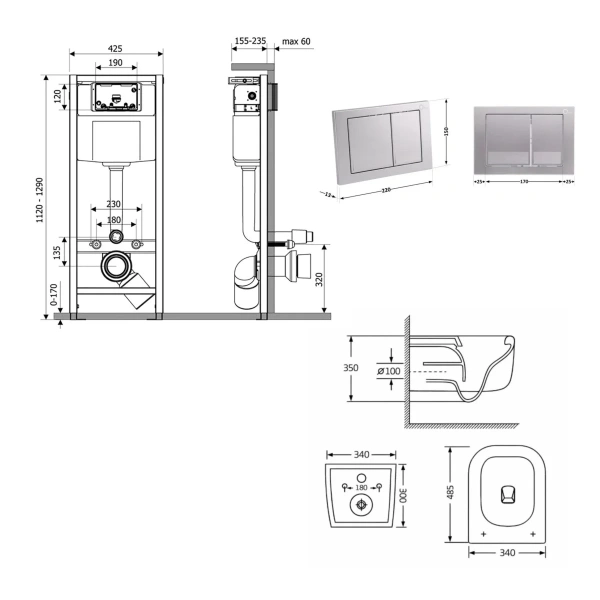 Готове рішення Qtap для ванної кімнати: підвісний унітаз Gemini Ultra Quiet 485×340×350 + комплект інсталяції Nest 4 в 1 (квадратна клавіша Satin)