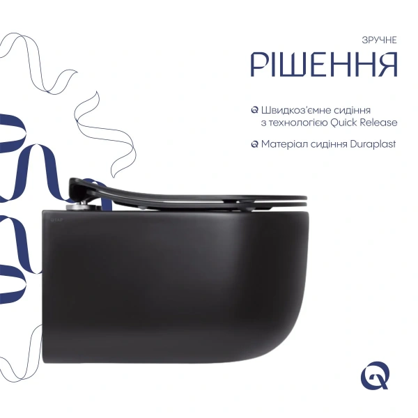 Унітаз підвісний у чорному кольорі 490х360х380 мм з сидінням з мікроліфтом Slim Duroplast Qtap Tauru