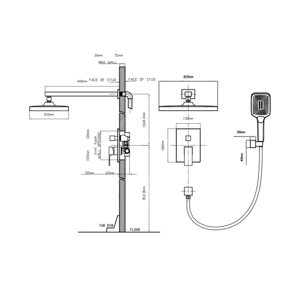 Душовий набір прихованого монтажу (матовий чорний) Qtap Aqauarius