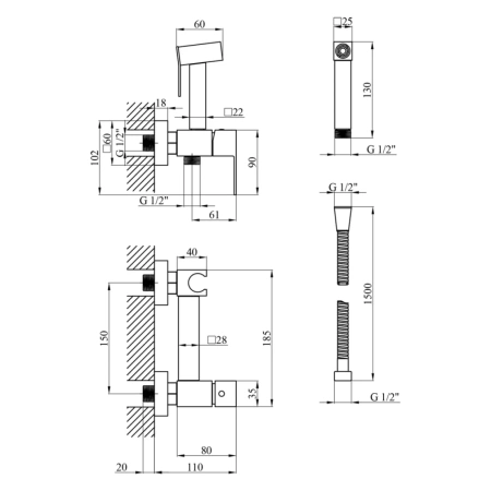 Набір для гігієнічного душу із змішувачем Kroner Kubus - SCH052 (чорний матовий колір)