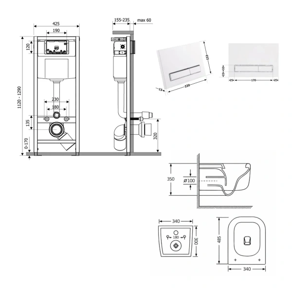 Готове рішення Qtap для ванної кімнати: підвісний унітаз Gemini Ultra Quiet 485×340×350 + комплект інсталяції Nest 4 в 1 (лінійна клавіша White)