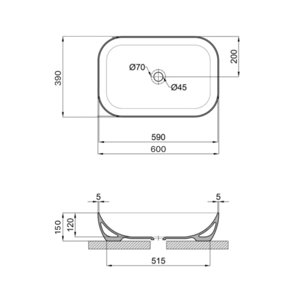 Раковина накладна прямокутна 600x390x150 мм Qtap Robin