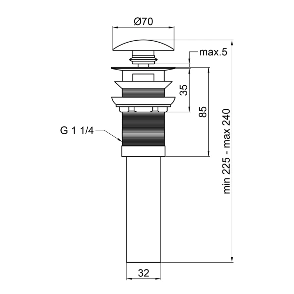 Фото Донний клапан для раковини Qtap PU03O 225х70х70 Matt black з переливом