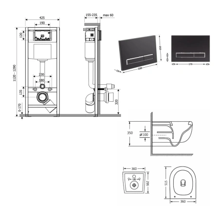 Готове рішення Qtap для ванної кімнати: підвісний унітаз Taurus Ultra Quiet 515×360×350 + комплект інсталяції Nest 4 в 1 (лінійна клавіша Matt Black)