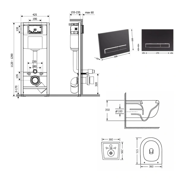 Готове рішення Qtap для ванної кімнати: підвісний унітаз Taurus Ultra Quiet 515×360×350 + комплект інсталяції Nest 4 в 1 (лінійна клавіша Matt Black)
