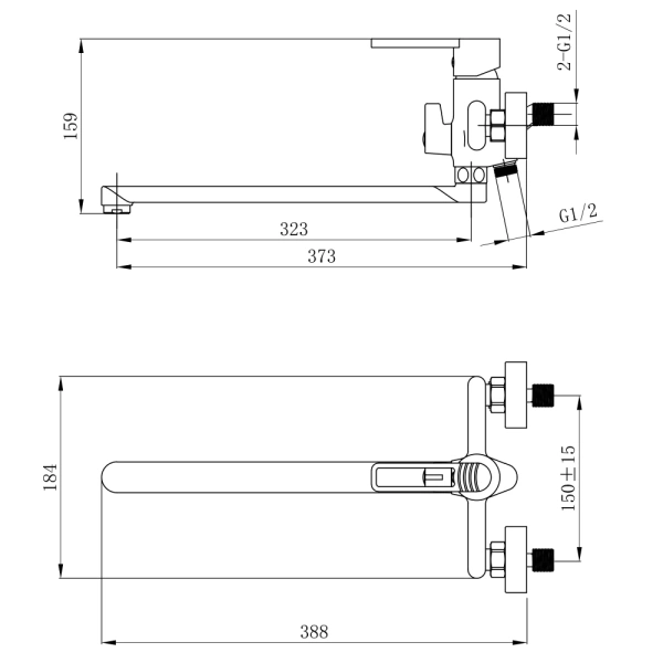 Змішувач для ванни з довгим виливом 373 мм. та душовим гарнітуром Qtap Taurus