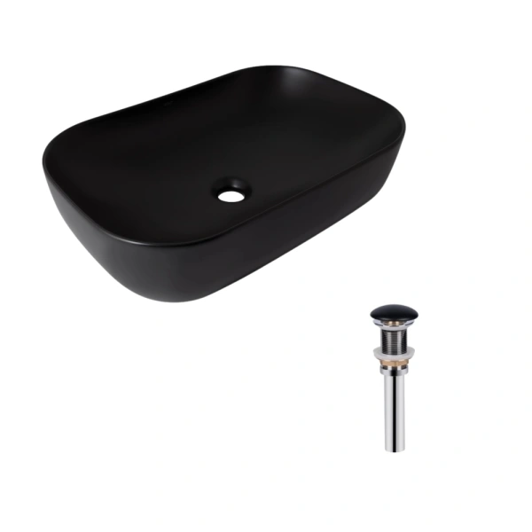 Раковина накладна прамокутна 600x390x150 мм у чорному кольорі Qtap Robin + Донний клапан(47296)