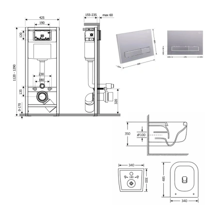 Готове рішення Qtap для ванної кімнати: підвісний унітаз Gemini Ultra Quiet 485×340×350 + комплект інсталяції Nest 4 в 1 (лінійна клавіша Satin)