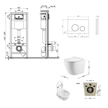 Готове рішення Qtap для ванної кімнати: підвісний унітаз Robin Ultra Quiet 520x365x365 + комплект інсталяції Nest 4 в 1 (кругла клавіша Matt Black)