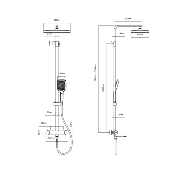 Душова система термостатична, на три споживача (з виливом) телескопічна 1150-1500 мм Qtap Sloup