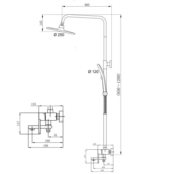 Душова система з виливом у чорному кольорі телескопічна Qtap Taurus