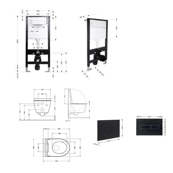 Готове рішення Qtap для ванної кімнати: підвісний унітаз Jay Rimless 520x360x320 + комплект інсталяції Standard (лінійна клавіша Black)