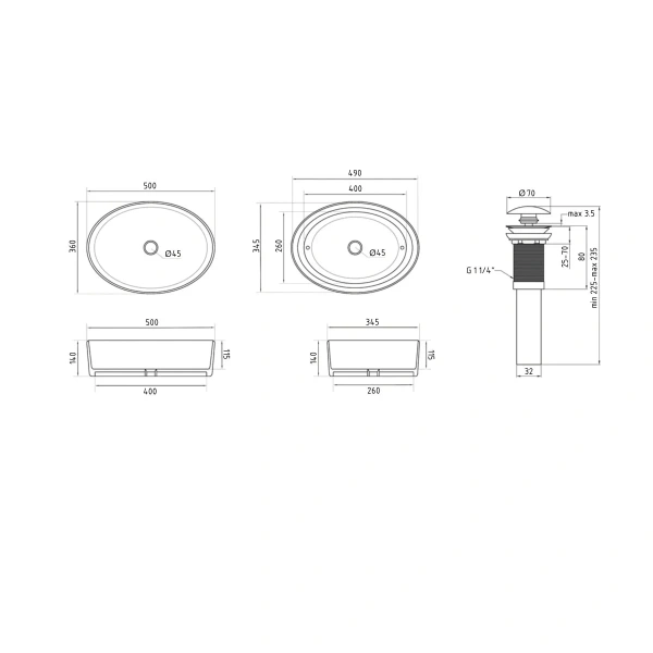 Комплект Qtap Kolibri: Раковина накладна овальна 500x360x140 мм White + Донний клапан PU02 QT10113054WN47311
