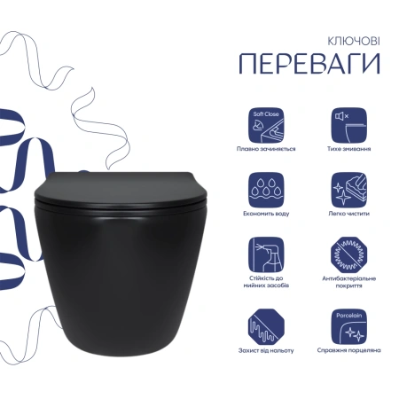 Унітаз підвісний у чорному кольорі 490x365x325 мм з сидінням Slim Duroplast Qtap Robin