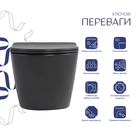 Унітаз підвісний у кольорі антрацит 490x365x325 мм з сидінням Slim Duroplast Qtap Robin