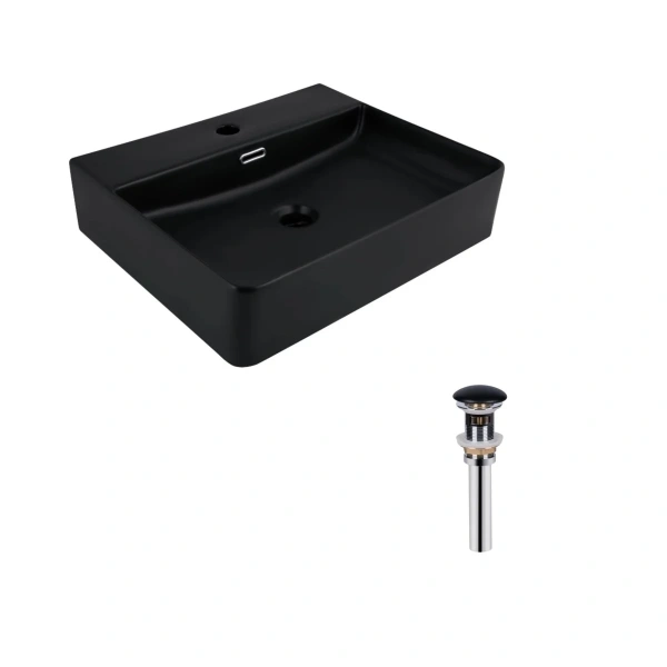 Комплект Qtap Nando LT: Раковина підвісна прамокутна 500х420х130 мм Matt Black + Донний клапан PU03O