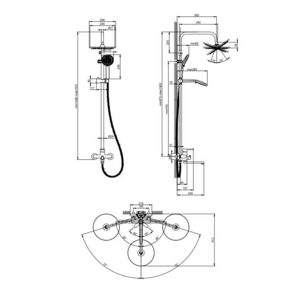 Душова система латунна на три споживача (з виливом) Lidz Astra (хром)