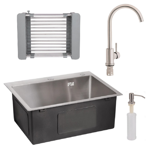 Кухонна мийка Lidz 50*45 Brush 3.0/1,0 мм + змішувач для кухні Lidz + кошик