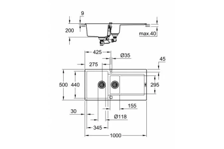 Фото Мийка полуторна з крилом GROHE K-SERIES K 500