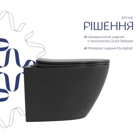 Унітаз підвісний у кольорі антрацит 490x365x325 мм з сидінням Slim Duroplast Qtap Robin