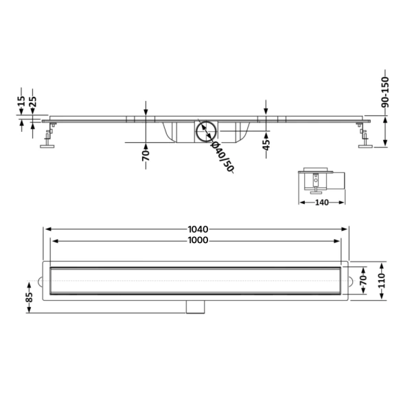 Трап для душу з сухим затвором під плитку 1000 мм Qtap (Нержавіюча сталь)
