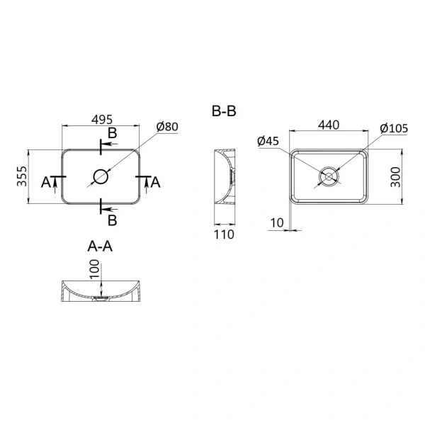 Раковина накладна прямокутна 490х350х110 мм, Qtap Virgo QT18112261WN