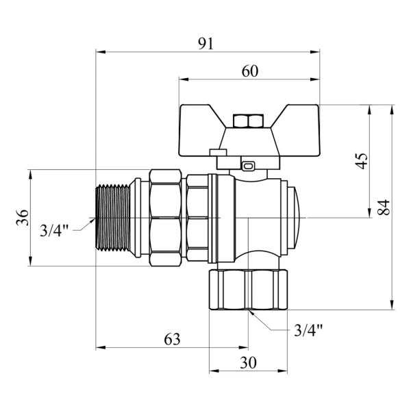 Кран-американка кульовий кутовий Kroner 3/4" ВЗ PN40 метелик, нікельований