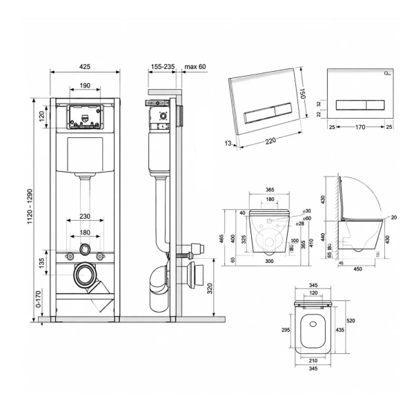 Готове рішення Qtap для ванної кімнати: підвісний унітаз Tern Ultra Quiet 525x345x360 + комплект інсталяції Nest 4 в 1 (лінійна клавіша Chrome)