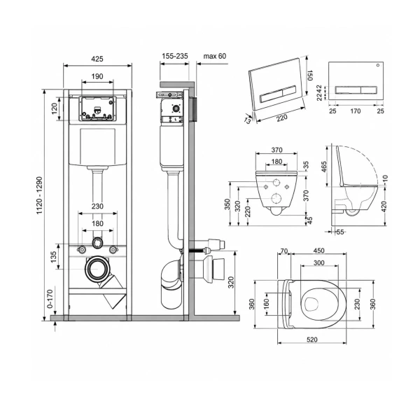 Готове рішення Qtap для ванної кімнати: підвісний унітаз Robin Ultra Quiet 520x365x365 + комплект інсталяції Nest 4 в 1 (лінійна клавіша Chrome)
